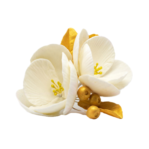 Decorațiune din zahăr - Magnolie albă cu frunze aurii