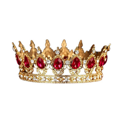 Coronita din metal aurie cu perle rosii - Ø12,5x h 5,5 cm